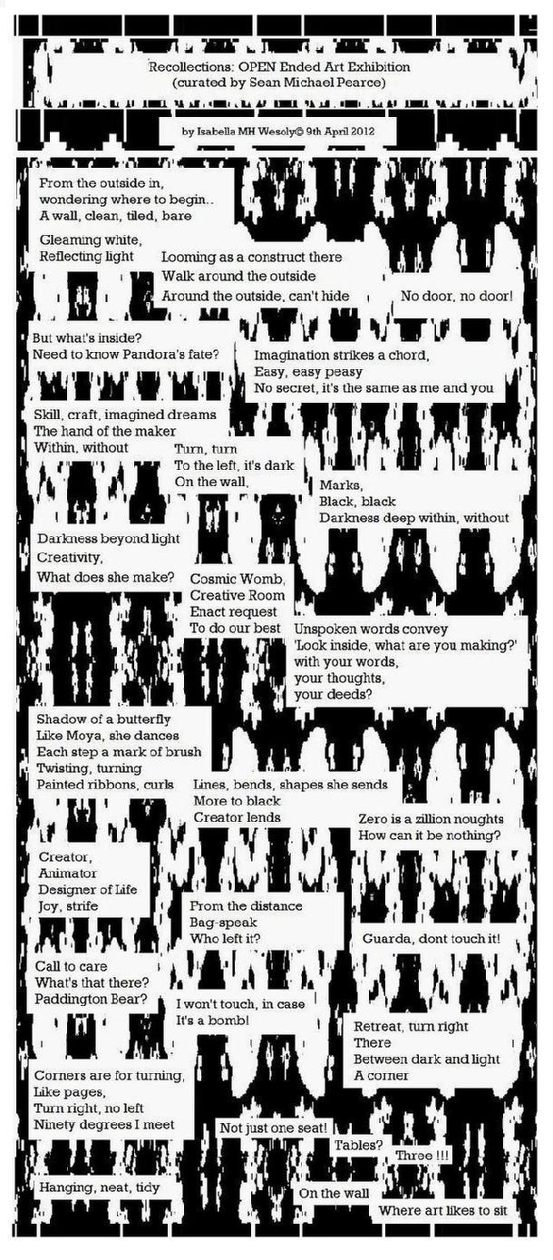Poem written by Isabella Wesoly, review of Open Ended Art Exhibition curated by Sean Michael Pearce and Chantal Simon, at Open Ealing Arts Centre, 113 Uxbridge Road, London W13 